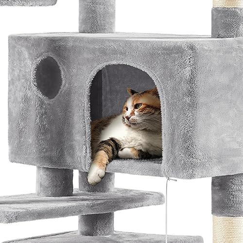 Miniatura 4 de Yaheetech Árbol para gatos de varios niveles de 70 pulgadas, torre alta para gatos con condominio, postes rascadores y bola colgante para gatos de