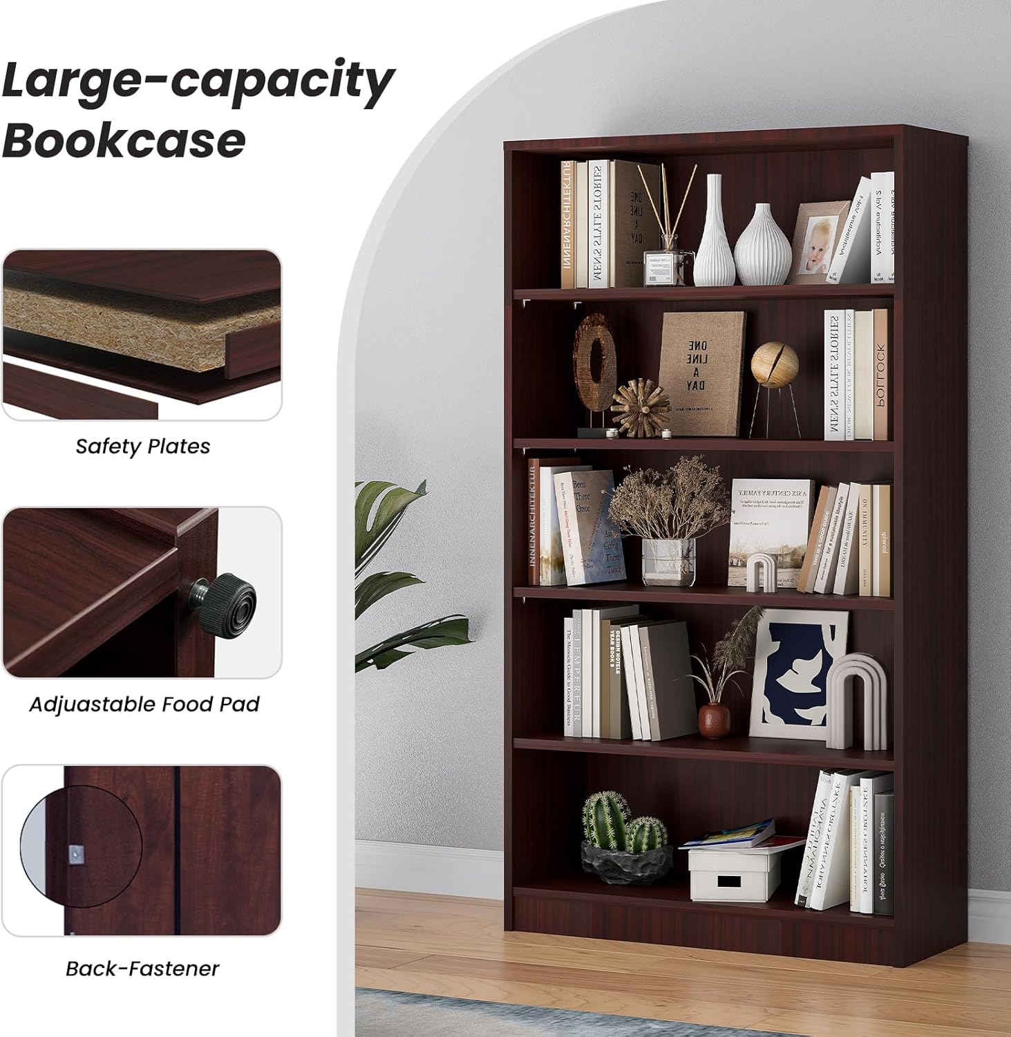 Bookcase Adjustable Storage Shelves,5-Tier Modern Wood Bookcase for Bedroom,60-Inch Bookshelf, Office, Living Room & Library(Mahogany)