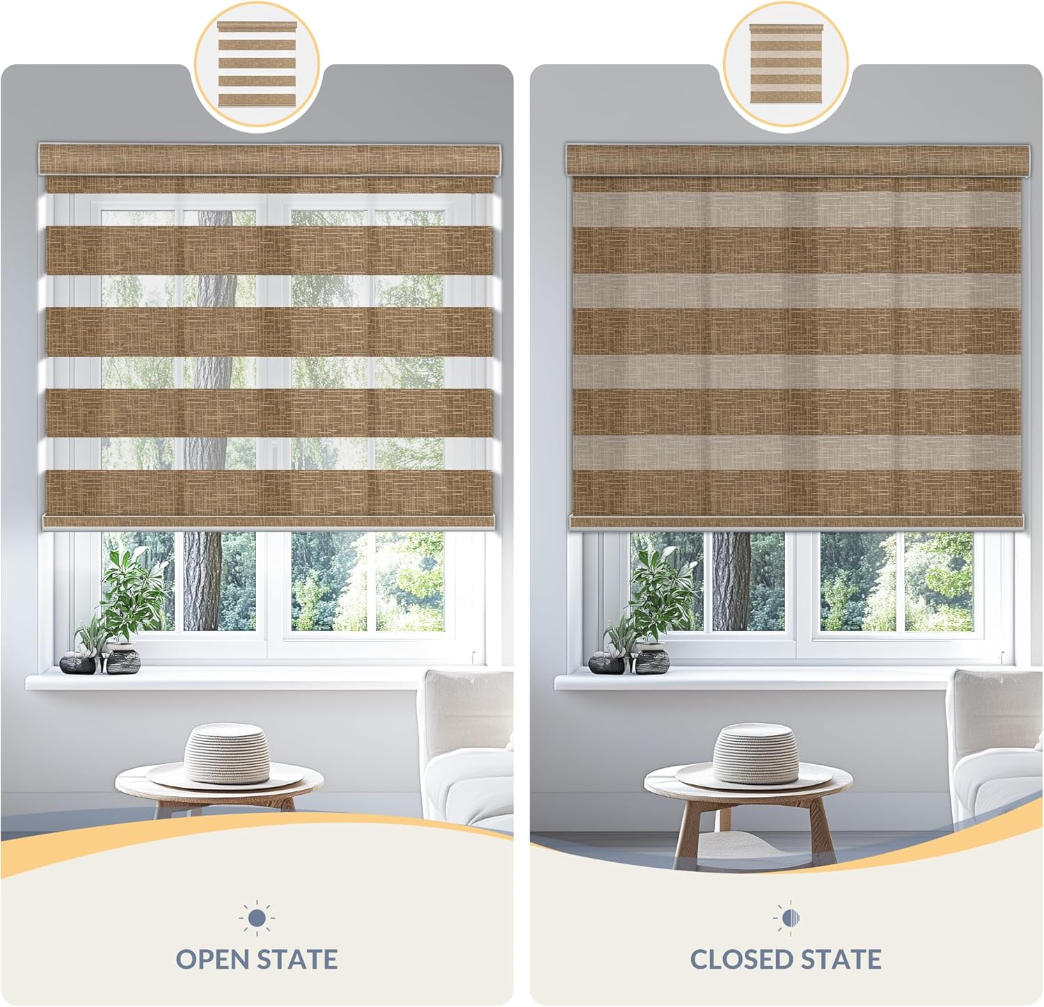 Boolegon Cordless Zebra Blinds for Windows, Free-Stop, Dual Layer Zebra Blinds for Indoor Windows, Filtering Light Control for Day & Night, Sheer Shades for Home or Office, Sand Brown, Custom Sizes