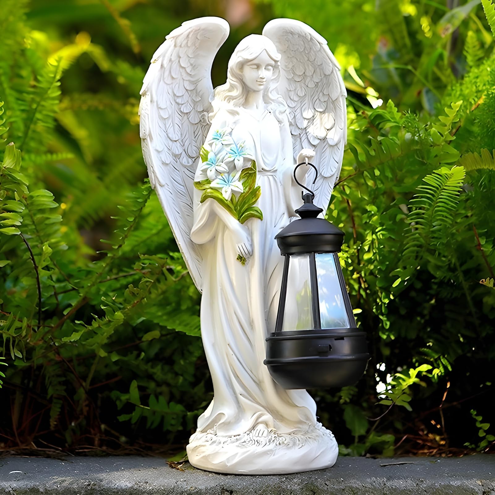 Statue du Jardin des Anges,Sculpture d'ange Féérique,Figurine Ange Gardien avec Lanterne LED Solaire,Auto-on,Ange Tombe pour Terrasse,Pelouse,Cour,Pendaison de crémaillère,Funèbre
