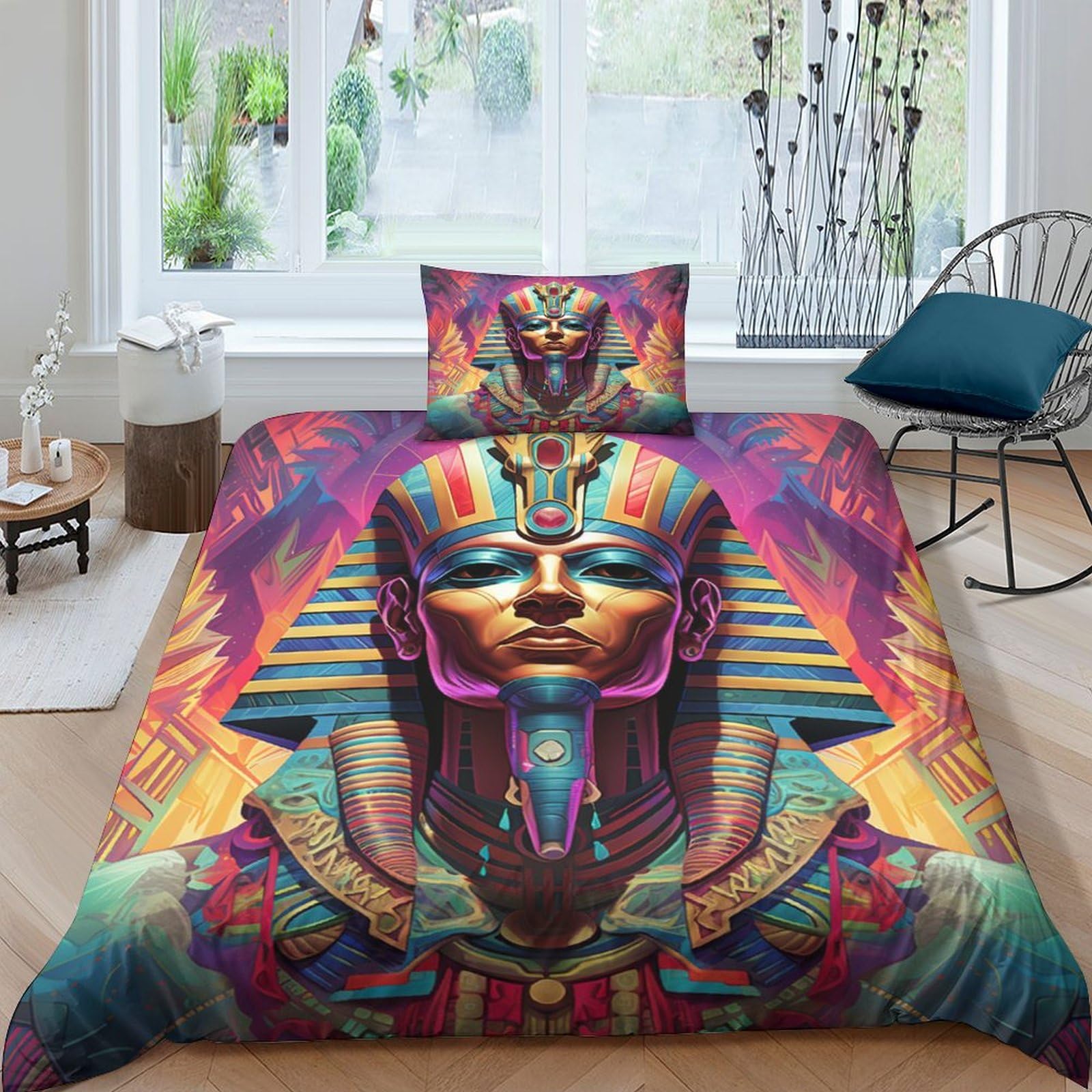 Parure de lit 3 pièces motif pharaon avec taies d'oreiller