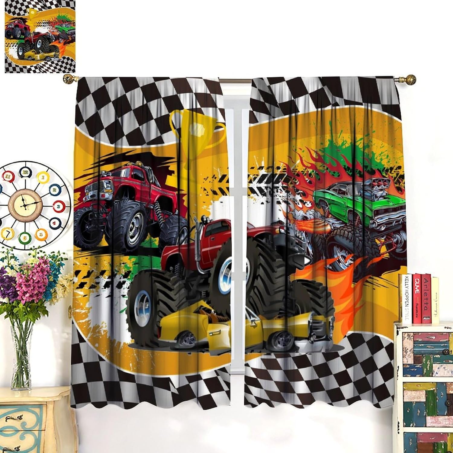 Monster Truck Curtains for Kids,Cartoon Fleet Racing Car Stadium Game Cool Flame Flag Racing Window Drapes Print for Nursery Boys Bedroom Living Room 42x45in（No Blackout）