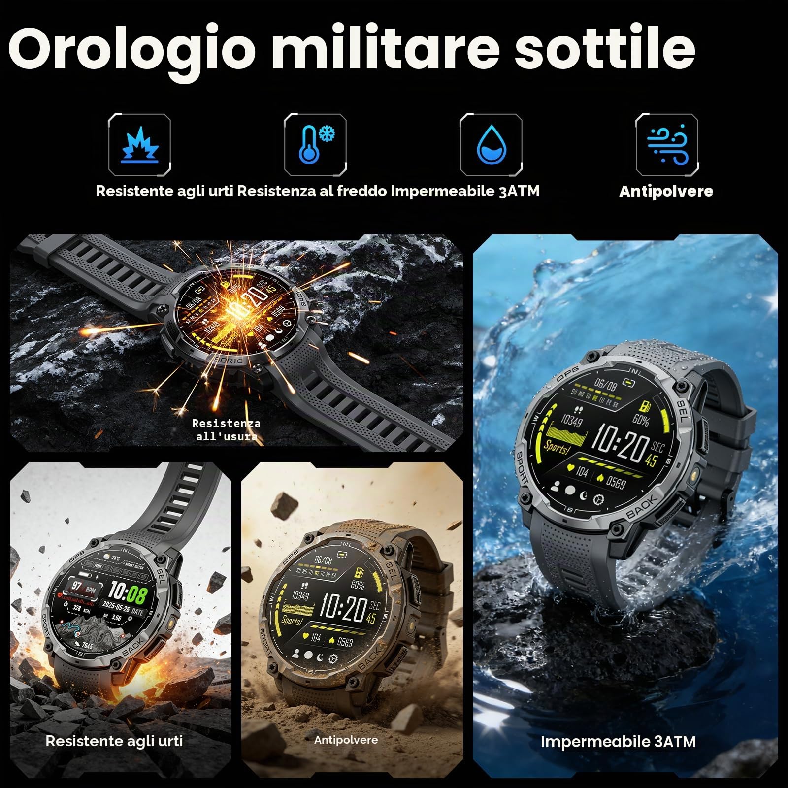 Smartwatch Uomo con GPS, 1.43" AMOLED HD Orologio Smart Watch Militare con Chiamata Bluetooth, Torcia LED, Bussola, Cardiofrequenzimetro, 100+ Modalità Sportive Fitness Tracker per Android iOS
