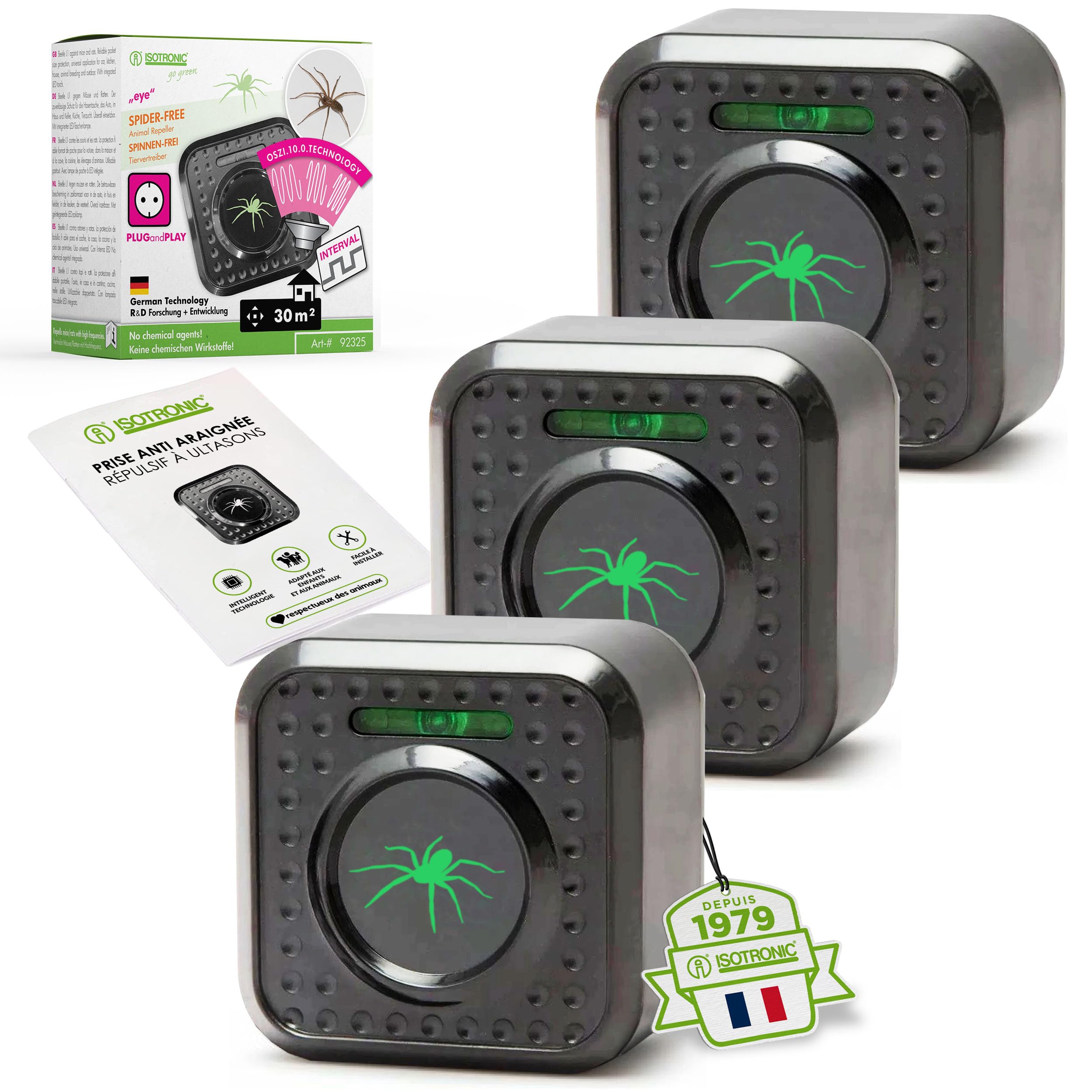 Répulsif à ultrasons anti araignée lot de 3 ISOTRONIC prise maison