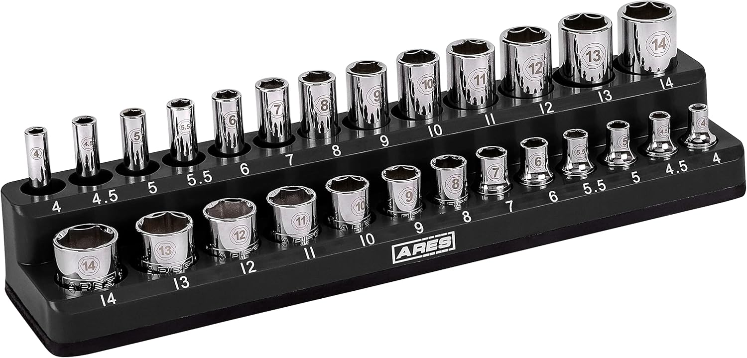ARES 70233-26-Piece 1/4-Inch Metric Magnetic Socket Organizer - Holds 13 Standard Size and 13 Deep Size Sockets - Keeps Your Tool Box Organized