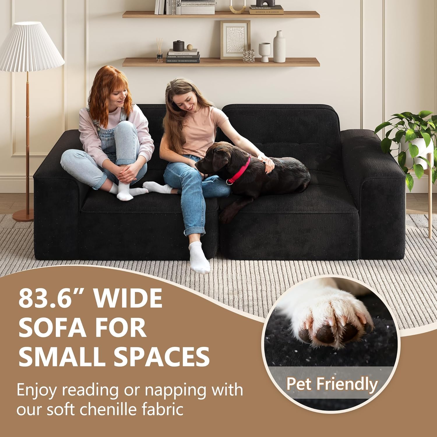 83.6" Cloud Couch, Modular Sectional Sofa, 3 Seater Curved Couch Loveseat Floor Sofa, Sparkling Chenille Boneless Couches for Living Room, Memory Foam, No Assembly Required (Black, Loveseat)