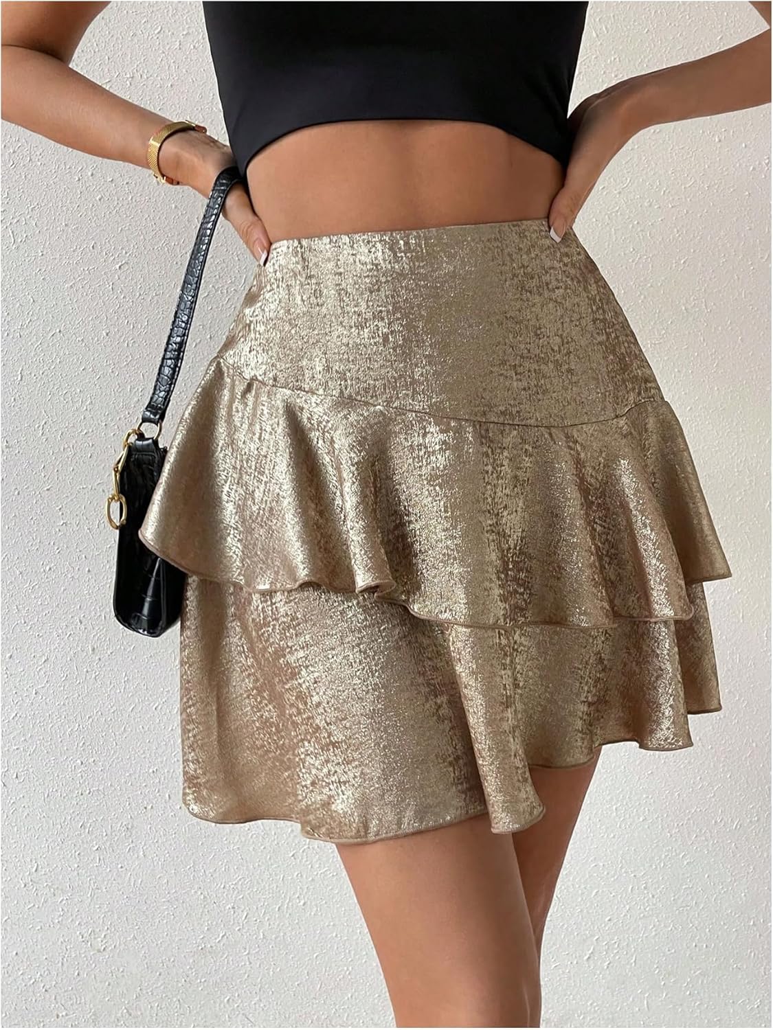 MakeMeChic Women's Metallic Ruffle Tiered Mini Skirt High Waisted A Line Y2K Party Short Skirts - Image 2