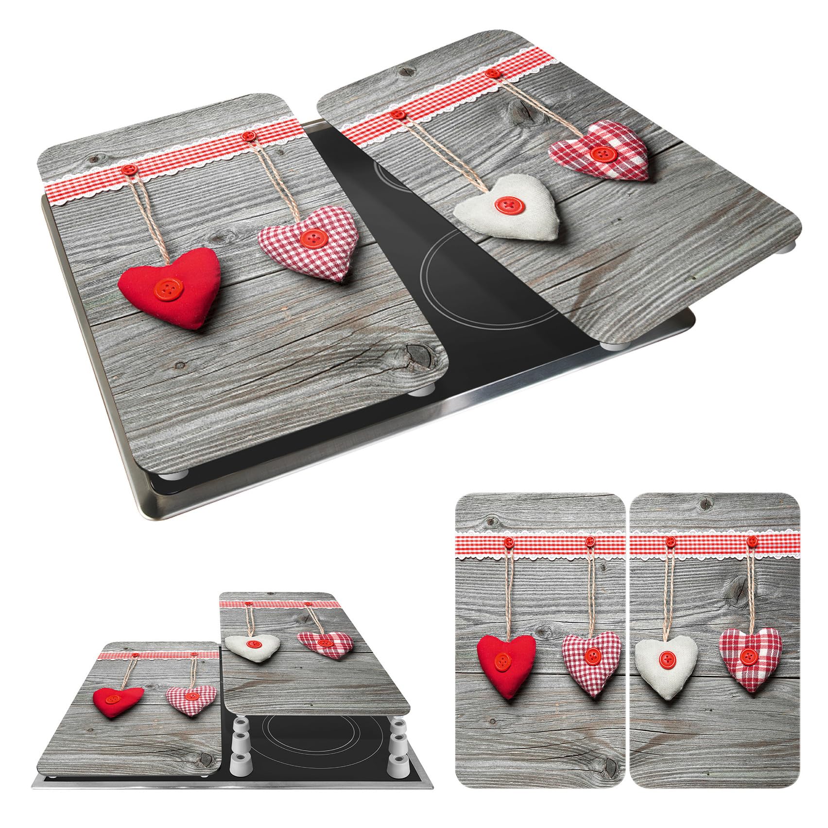 WENKO Placas protectoras para cocina Mod Corazones, ajustable en altura para todo tipo de cocinas, tabla de cortar y protector contra salpicaduras, vidrio, 30 x 52 cm, juego de 2