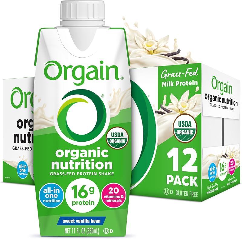 Orgain Organic Grass Fed Dairy 16g Protein Shake, Vanilla, 11oz, 12pk | Ready to drink grass-fed dairy protein, meal replacement, 20 vitamins & minerals, fruits & vegetables, non-GMO, gluten-free