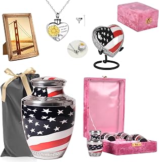 Patriotic American Flag Cremation Urns for Human Ashes, Large 200 Cu/in Urn, 4 Mini Keepsake, Heart Urn, Teardrop, Necklace, Photo Frames, 20 Pcs Memorial Funeral Kit for Men & Women