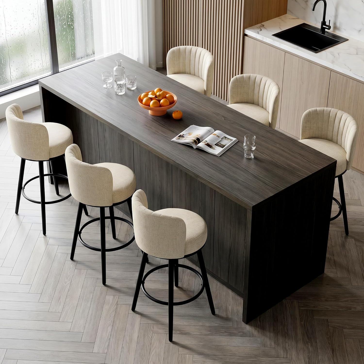 Bar Stools Set of 6, 28 Inch Swivel Bar Stools; Upholstered Tall Bar Stools for Kitchen Island, Line Counter Stool with Back,Beige Bar Stools Bar Height