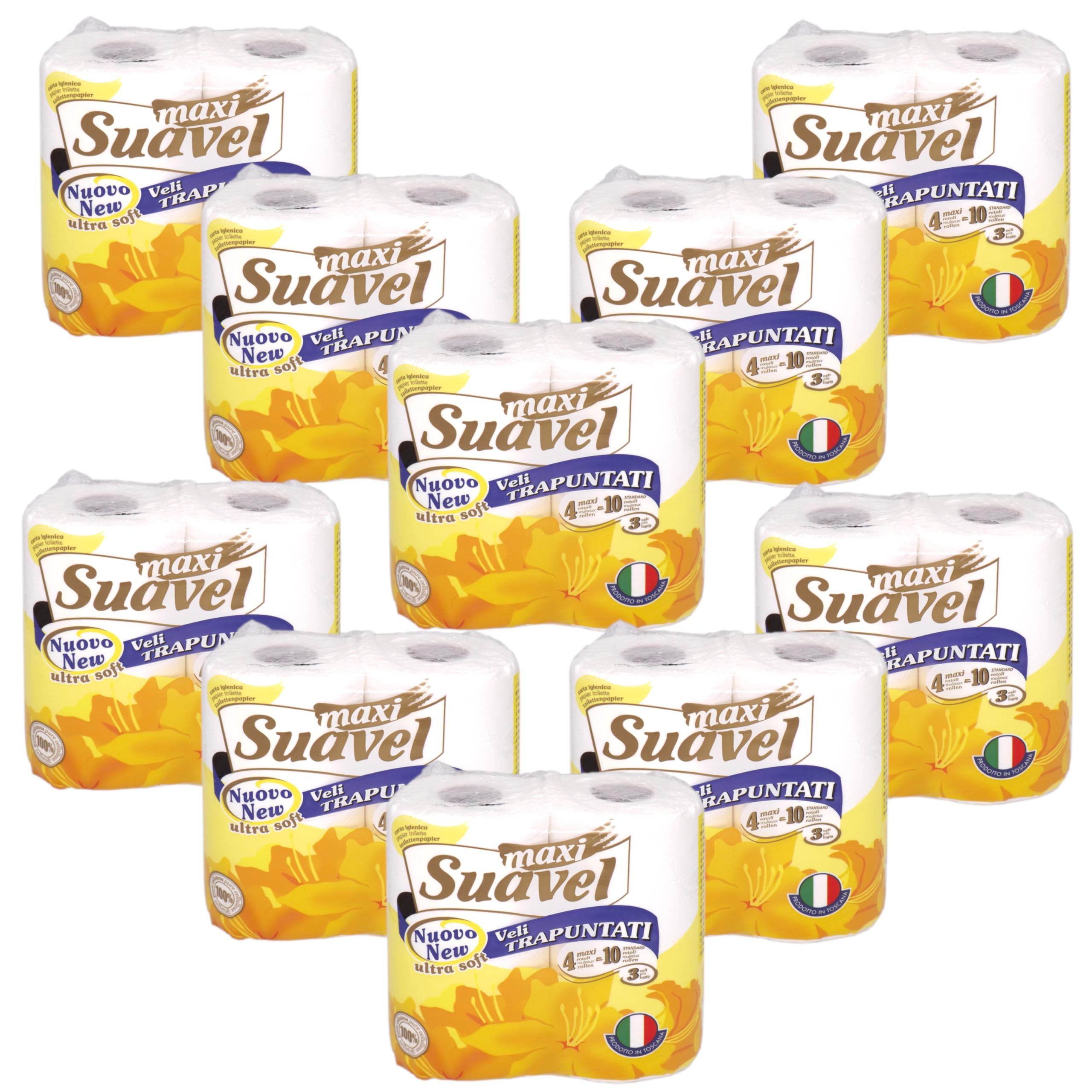 Carta Igienica 3 veli 40 Rotoli (10 Pacchi x 4 Rotoli) Ultra Morbida Trapuntata, Non Profumata, Pura Cellulosa, Confezione Risparmio Formato Maxi, 200 strappi per rotolo