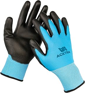 ACKTRA Wholesale Pack of 120 Pairs Ultra-Thin Polyurethane Coated Nylon Safety WORK GLOVES, Knit Wrist Cuff, for Precision Work, for Men & Women, WG002 Blue Polyester, Black PU, Large