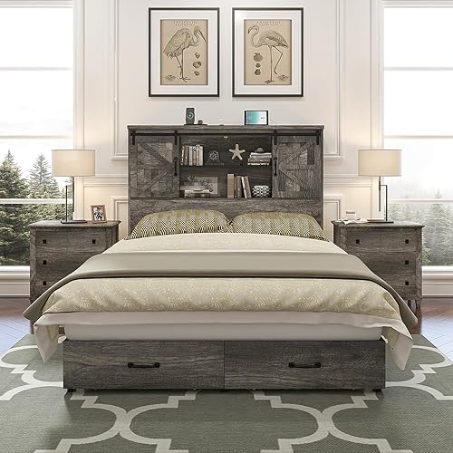 Miniatura 6 de HOWE Marco de cama de plataforma de madera de tamaño matrimonial con cabecera de estantería de 51.2 pulgadas, cama de almacenamiento con puerta