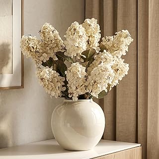 Hydrangea Artificial Flowers,Fall Hydrangeas Artificial Flowers, Fake Fall Dried Hydrangea Decoration,Faux Silk Flower with Stems Winter Decor Without Vase（Cream White 8PCS
