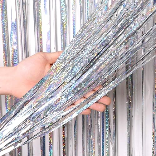 Miniatura 3 de Paquete de 4 cortinas de telón de fondo de flecos de papel de aluminio plateado de 3.3 x 8.2 pies, cortinas metálicas de oropel plateado para