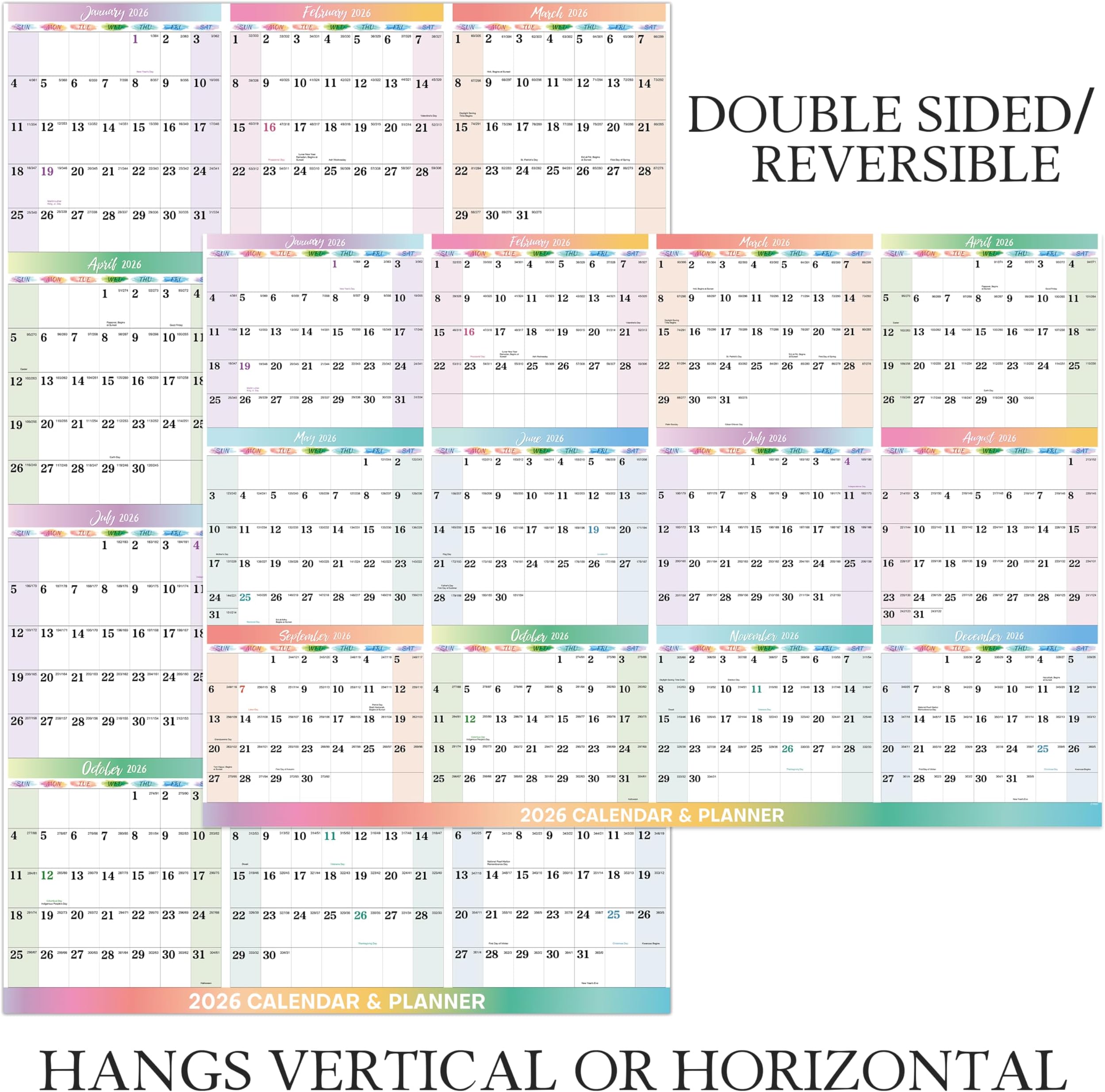 2026 Dry Erase Calendar for Wall - Jan. 2026 - Dec. 2026, Dry Erase Calendar, 2-Sided Horizontal/Vertical Reversible, 34.6" x 22.9"