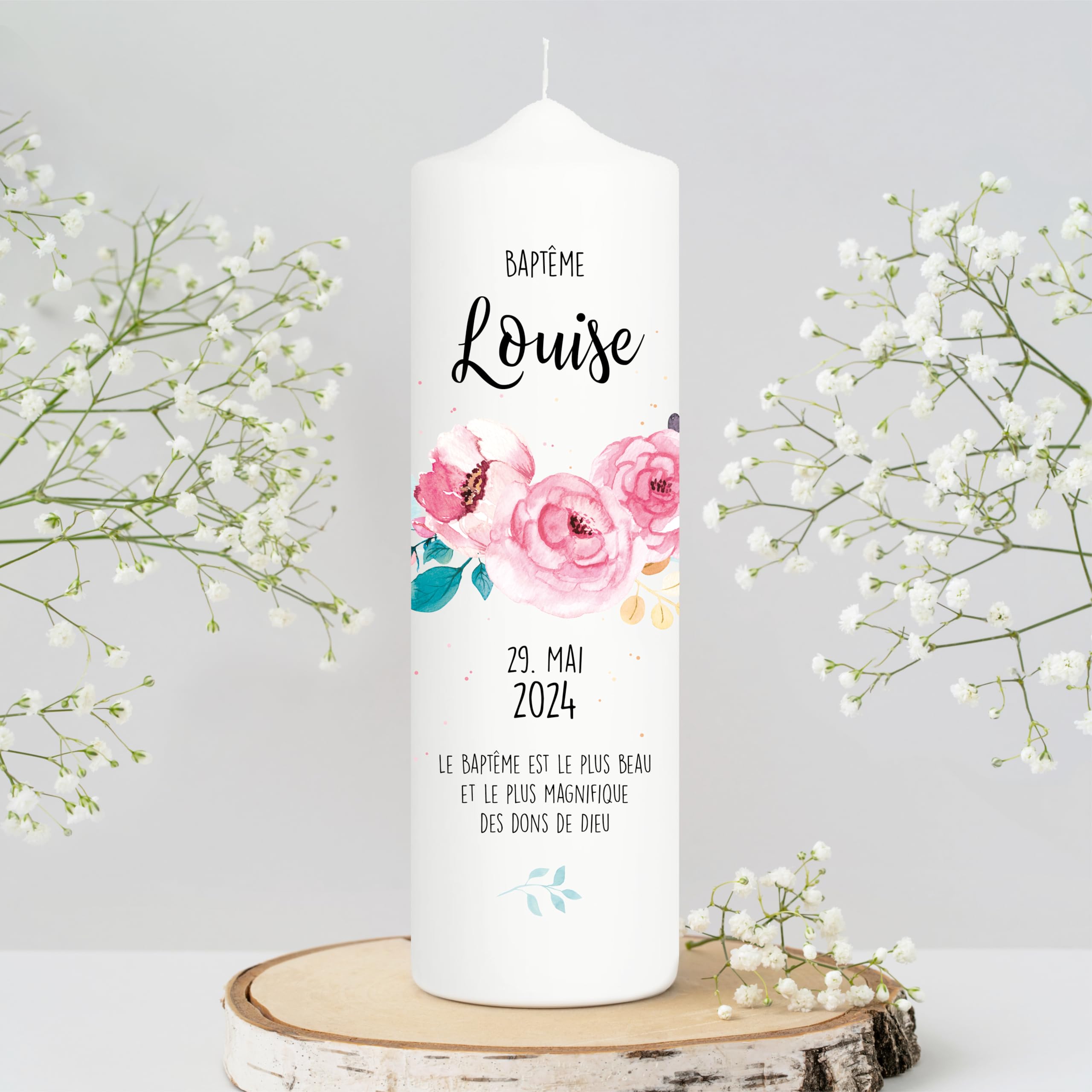 Bougie Baptême personnalisée Fille Garçon motif Arbre – Cierge Baptême avec prénom, date et message – Bougie imprimée – cierge personnalisé – 25 x 7 cm