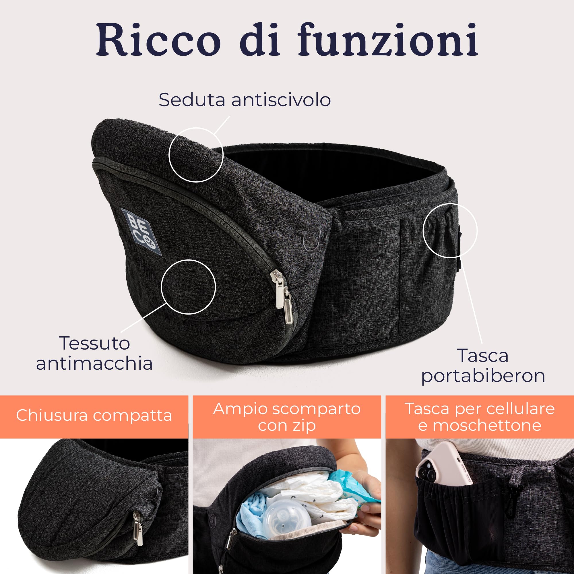 Beco Marsupio Seduta ad Anca Pieghevole, 4-in-1, 0-36 Mesi, Nero | Si piega piatto nella borsa cambio, Seduta di Supporto che allevia braccia e schiena, si adatta da 0 a 36 mesi.