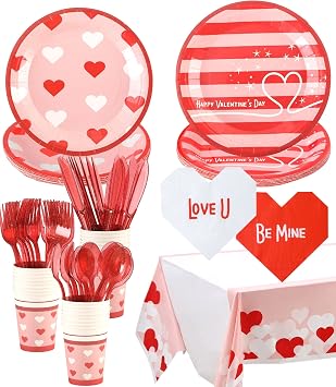 Valentines Day Plates and Napkins Sets - Serves 16 - Includes Paper Cups Cutlery for Valentine Decor Party Supplies Paper Straws Valentines Day Decor Valentines Day Decorations