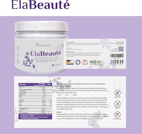 SanaExpert® ElaBeauté Collagen Powder (Fish Collagen Hydrolysate) - With Vitamin C Biotin Zinc Q10 - Beauty Drink for Skin Hair & Nails - Cherry Flavour 150g