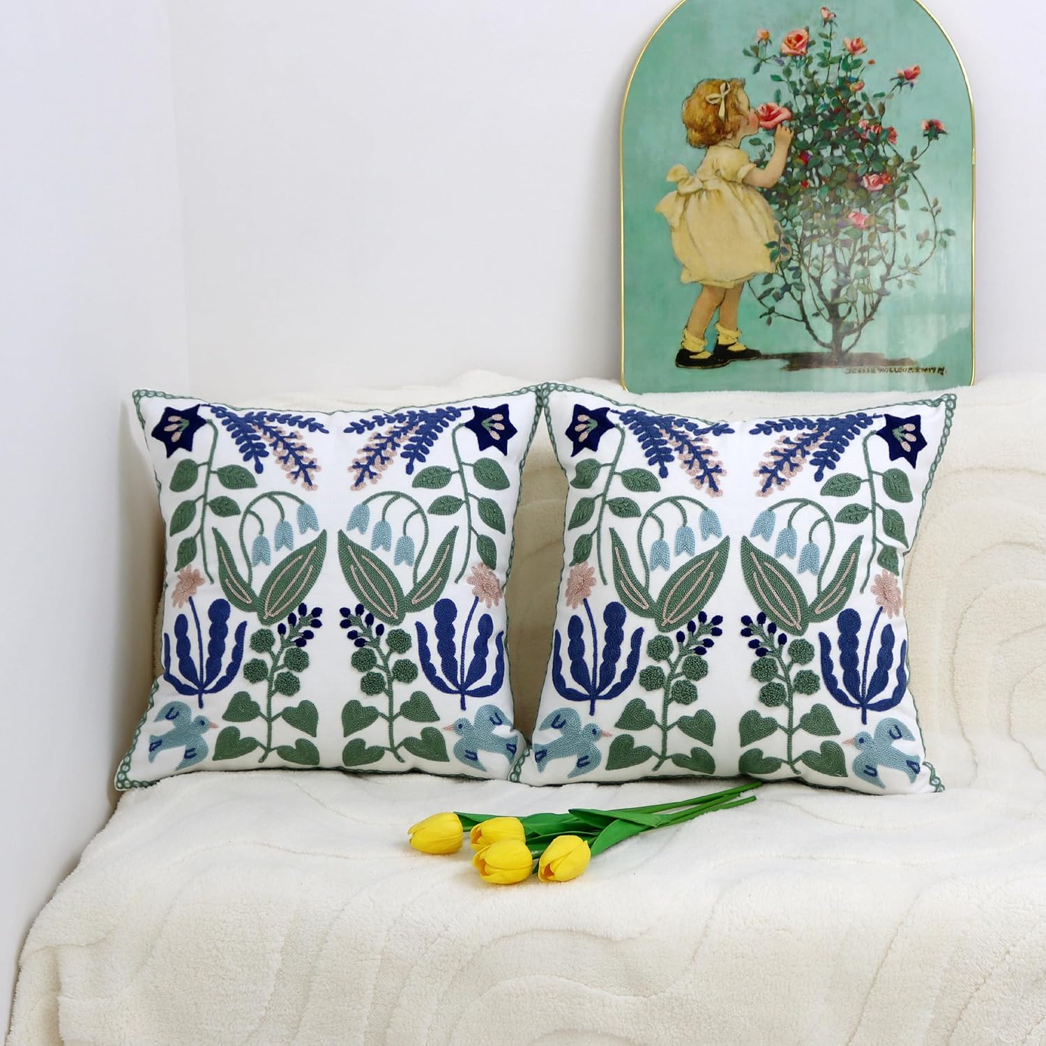 Lemfux Spring Pillow Covers Green Pillow Covers Embroidered Throw Pillow Cover, 18 x 18 inch, Set of 2, Throw Pillow Cover Cotton, Canvas Cushion Case for Couch Bed Living Room Decor