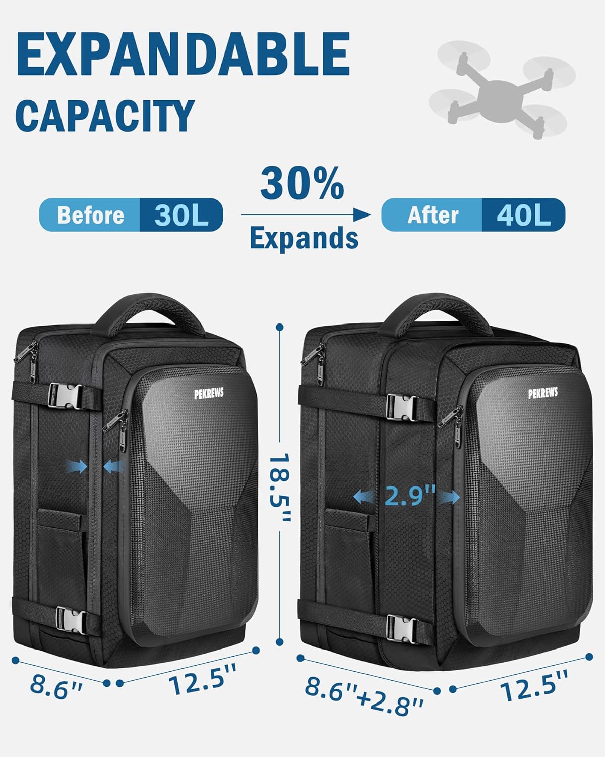 PEKREWS Mavic 3 Pro Case, Mavic 3 Case, Expandable Carry On Drone Bag for DJI RC/Pro/N1 Controller, Travel Large Capacity RC Pro Backpack Fits 17.3 Inch Laptop and DJI Fly More Combo Accessories
