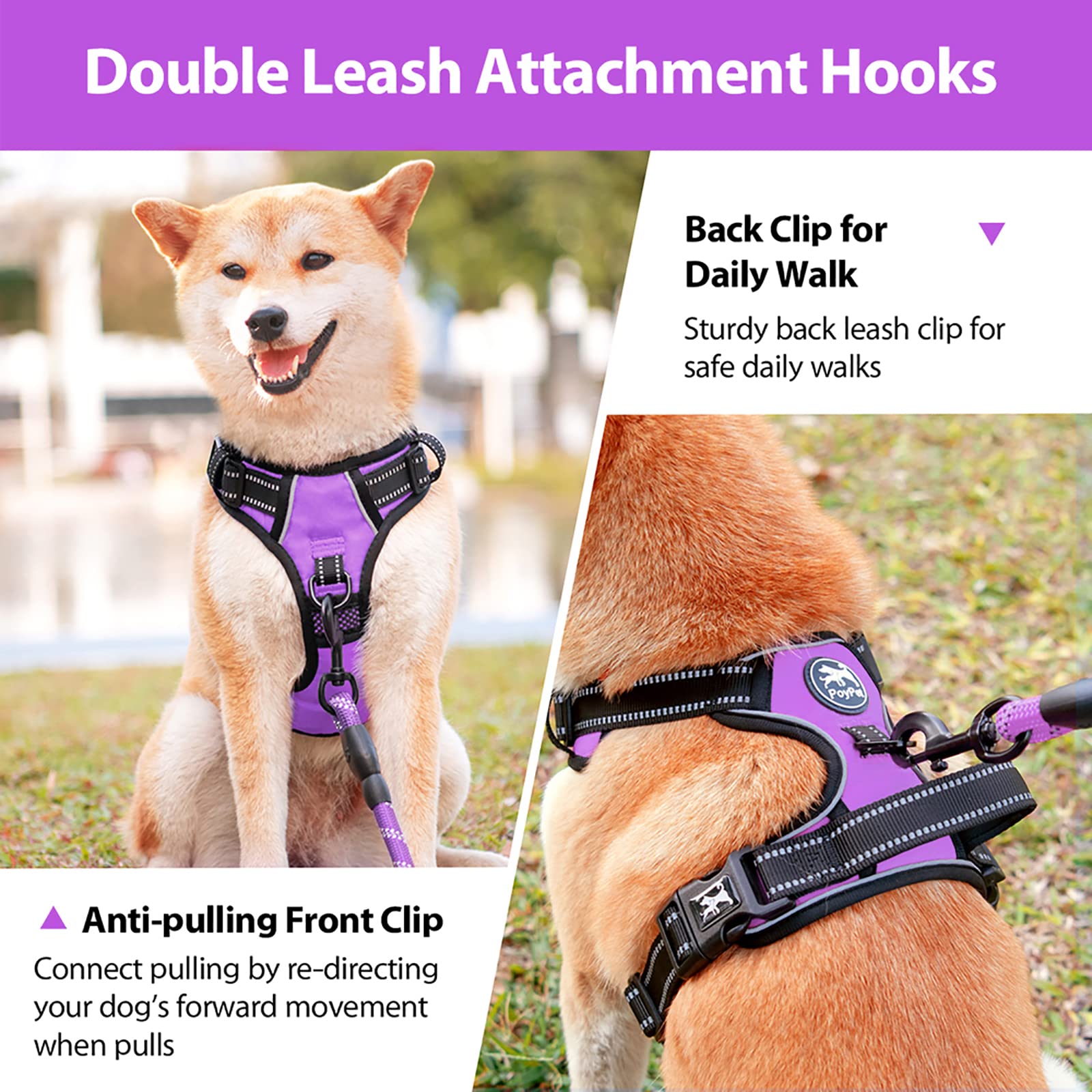 PoyPet No Pull Dog Harness with Neck Release Buckle, Reflective No-Choke Harness with 2 Leash Clip - Image 3