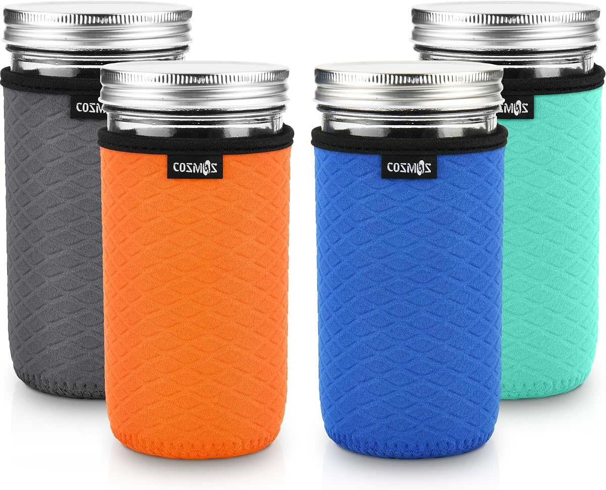 Cosmos 4 Pcs Neoprene Mason Jar Sleeve Cover for Wide Mouth Jar, Insulated Glass Jars Cover Canning Sleeves Glass Container Protector Holder for Home Kitchen Storage (For 24 OZ Jar)