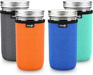 Cosmos 4 Pcs Neoprene Mason Jar Sleeve Cover for Wide Mouth Jar, Insulated Glass Jars Cover Canning Sleeves Glass Container Protector Holder for Home Kitchen Storage (For 24 OZ Jar)