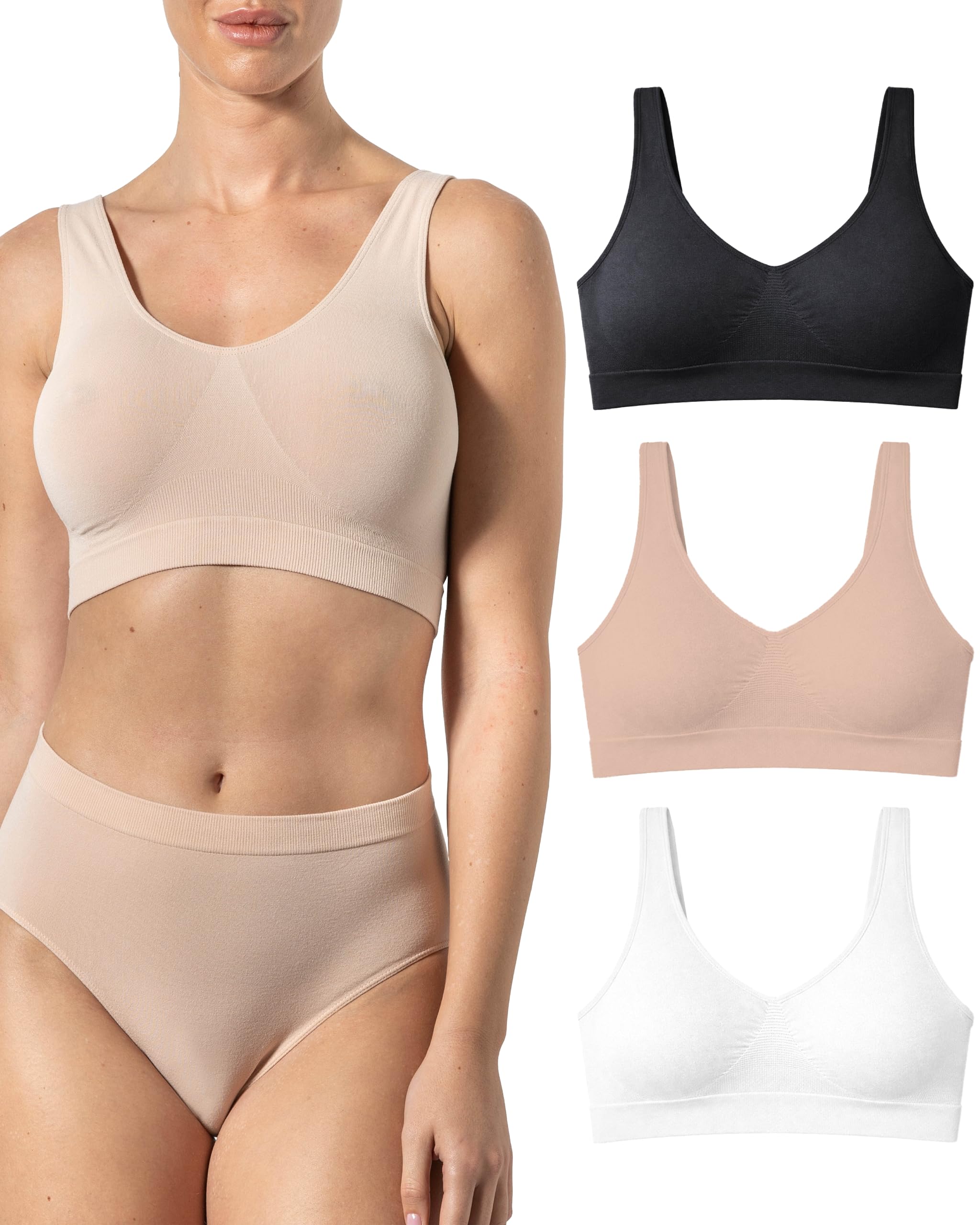 Risalti Bras for Women Bamboo Wide-Shoulder Bra 3 PZ - Women's Bras Light Support, Bralettes for Women, Crop Tops for Women, Seamless Bra, Seamless Womens Bras - Made in Italy