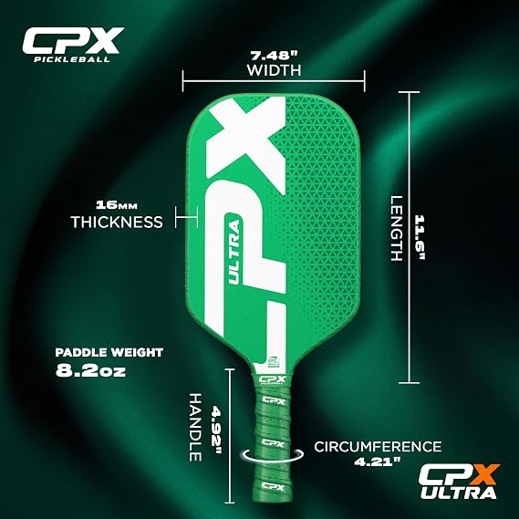 CPX Ultra Series Fiber-Reinforced Friction Surface Pickleball Paddle - 16mm Polypropylene Honeycomb Core, Lightweight for Speed