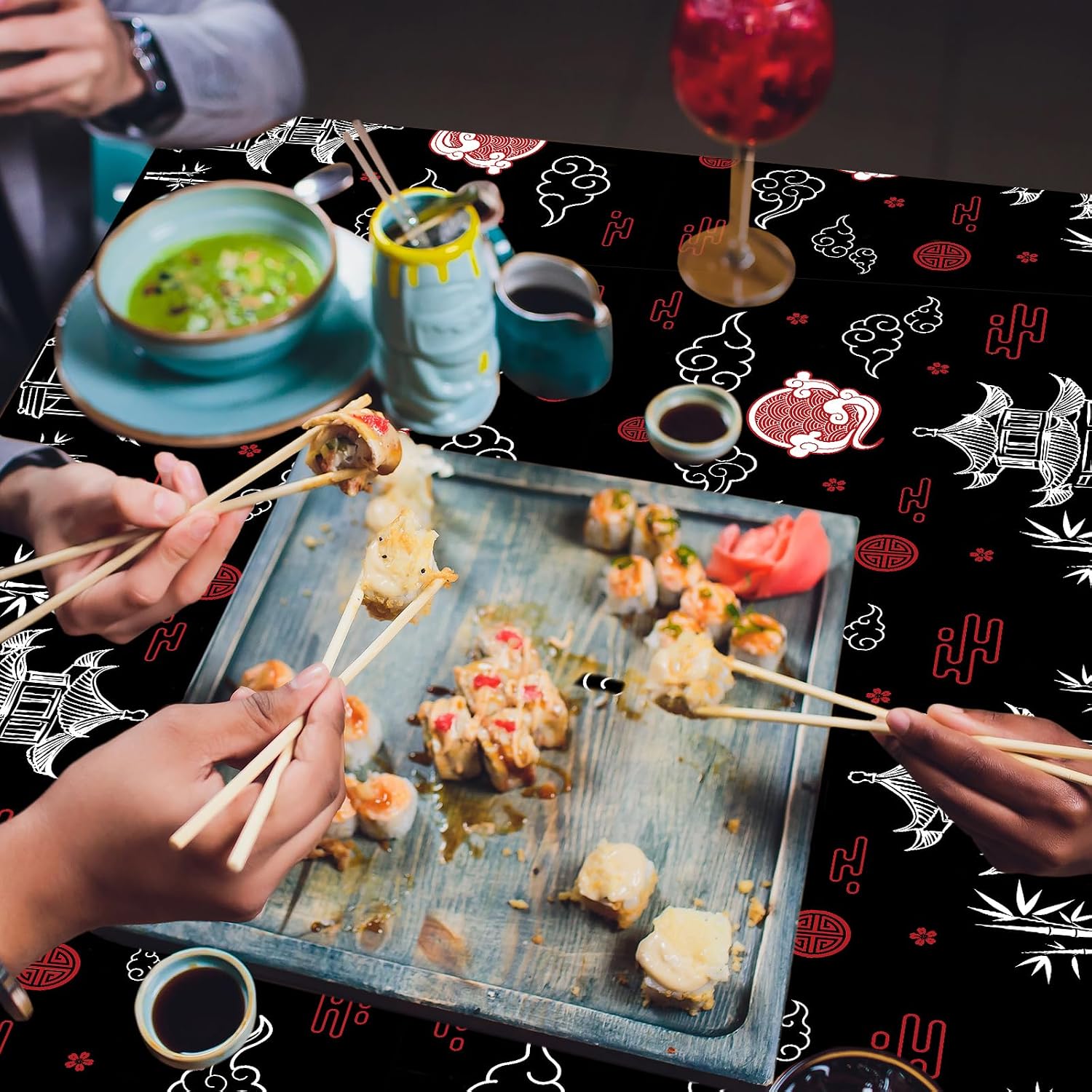 party greeting Hibachi Table Covers 3 Pack Japanese Disposable Plastic Tablecloth 54x108 Inch Chinese Decorations Cultural Tableware Spring Festival Plastic Table Cover for New Year Asian Party（Black）