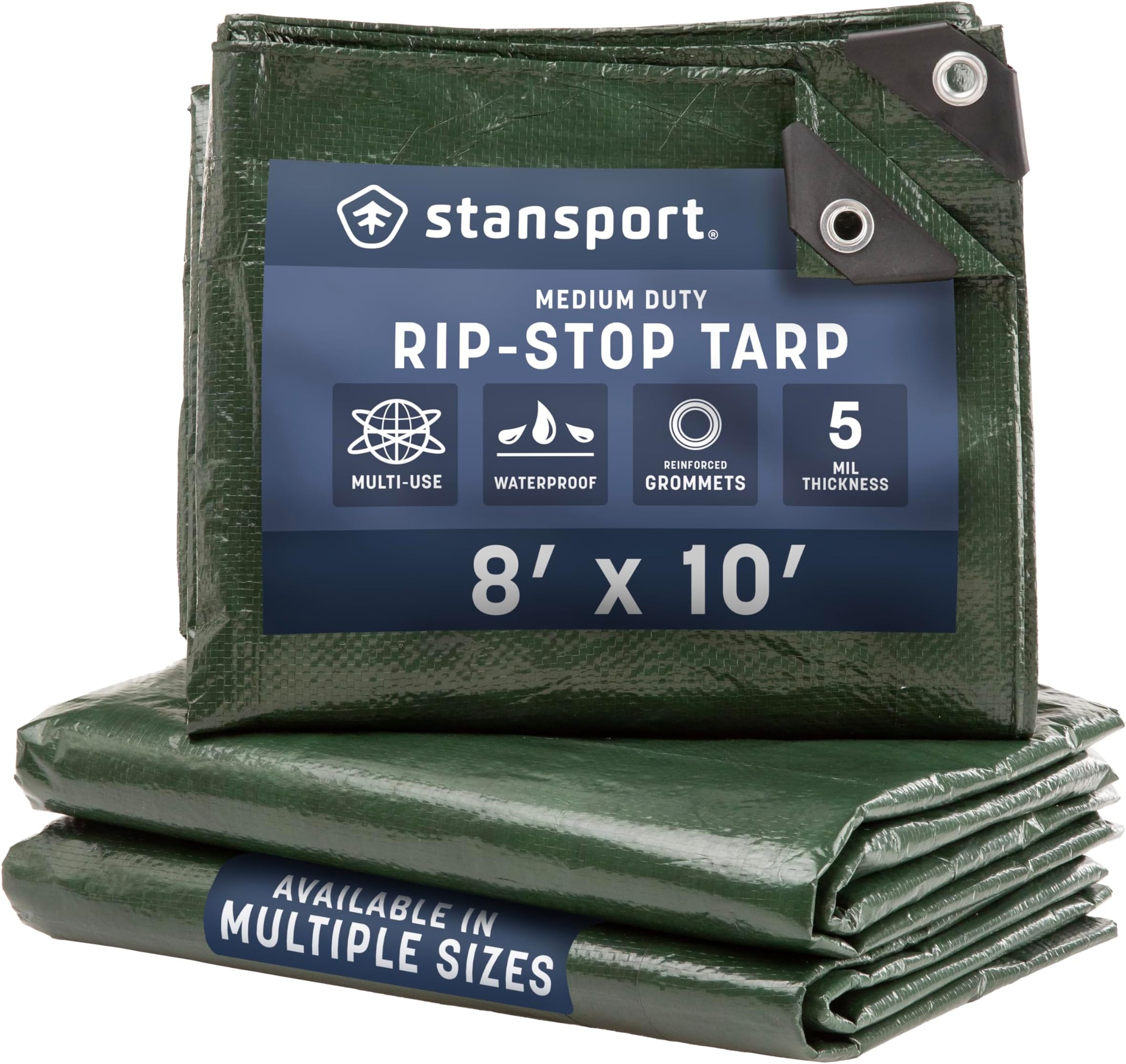 Medium-Duty Rip-Stop Tarp 8' x 10' - Dark Green (T-810) - Medium Duty Waterproof for Outdoor Camping - 5 Mil Thick, Durable and Reliable Cover for All Your Camping Needs