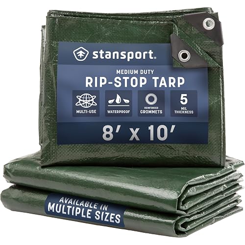 Stansport Medium-Duty Rip-Stop Tarp 8' x 10' - Dark Green (T-810) - Medium Duty Waterproof for Outdoor Camping - 5 Mil Thick, Durable and Reliable Cover for All Your Camping Needs