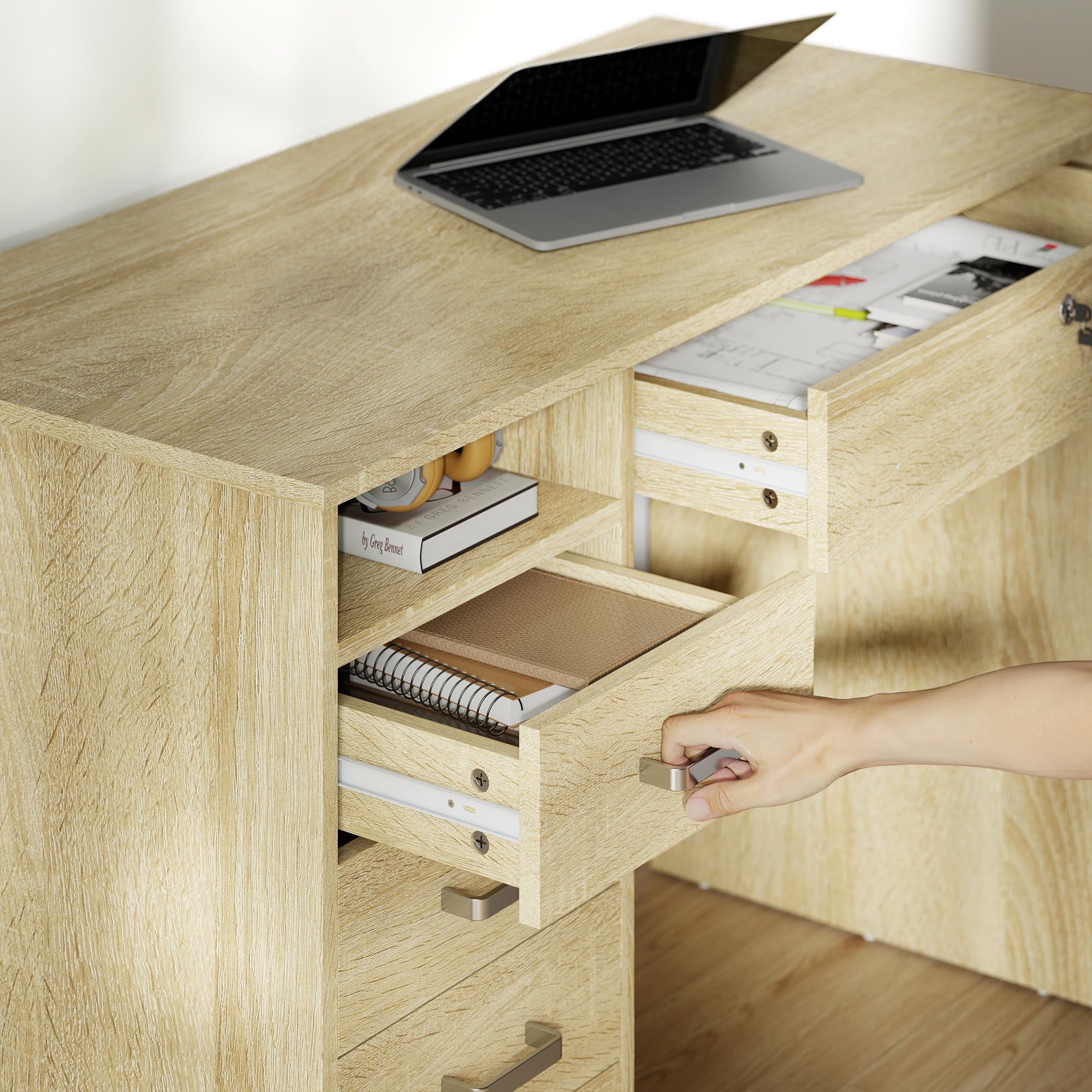HOMCOM Tavolo per computer moderno con 5 cassetti, ampio piano, 1 scomparto aperto, cassetto con serratura, 110 x 50 x 76 cm, rovere
