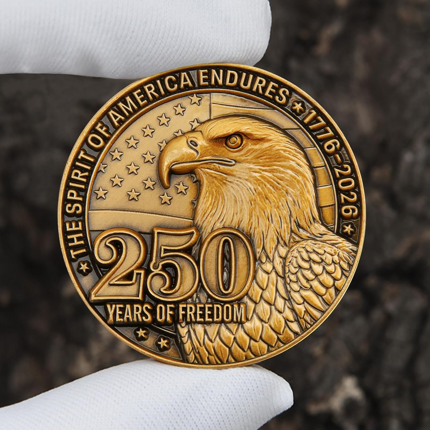 5Pcs 3D Golden Challenge Coin - 250 Years of Freedom & Independence (1776-2026) Commemorative Zinc Alloy Coin with Eagle and Liberty Bell, 1.574 Inches (Pack of 5)