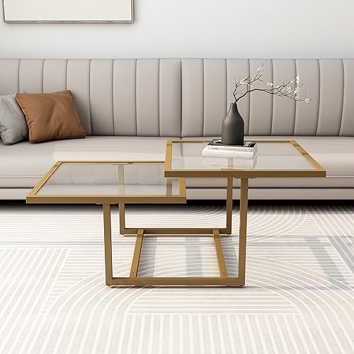 NNV Mesa auxiliar cuadrada ancha de vidrio templado, mesa auxiliar moderna con 2 mesas para sala de estar, oficina, dormitorio, color dorado