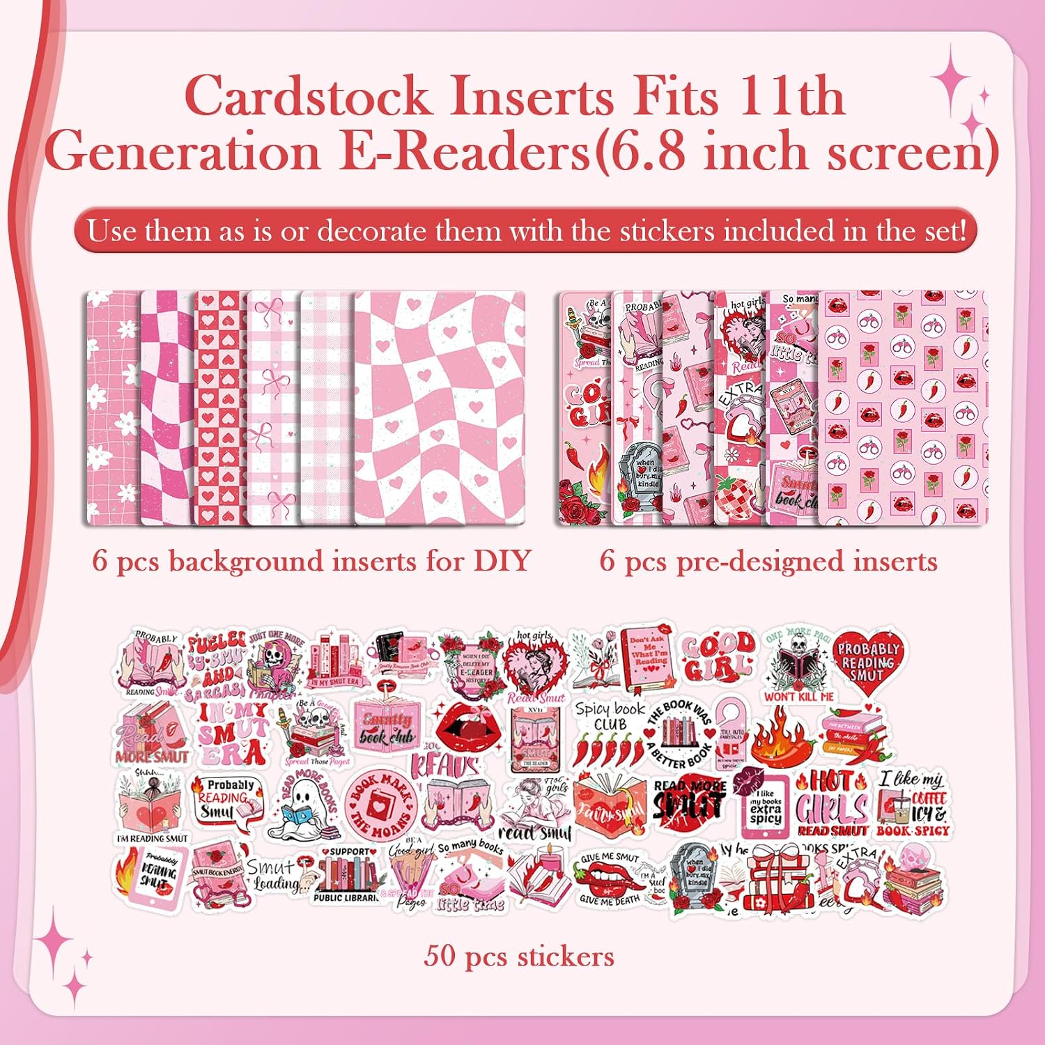 Rngmsi Insert Cardstock for Clear Case - 12Pcs Smut Cardstock Inserts Compatible with Kindle Paperwhite 11th-12th, 50Pcs Smutty Stickers for E-Reader Clear Back Cover Accessories Book Lover Gift