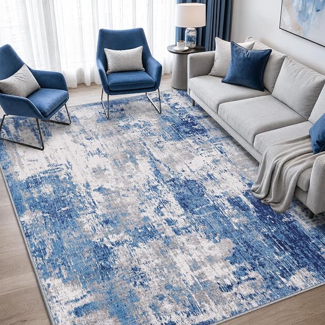 RELEANY Area Rugs 5'x7' Washable Rug for Living Room Modern Abstract Indoor Non-Slip Low Pile Soft Carpet for Bedroom Home Entryway, Print Pattern, Blue Grey Navy Gray