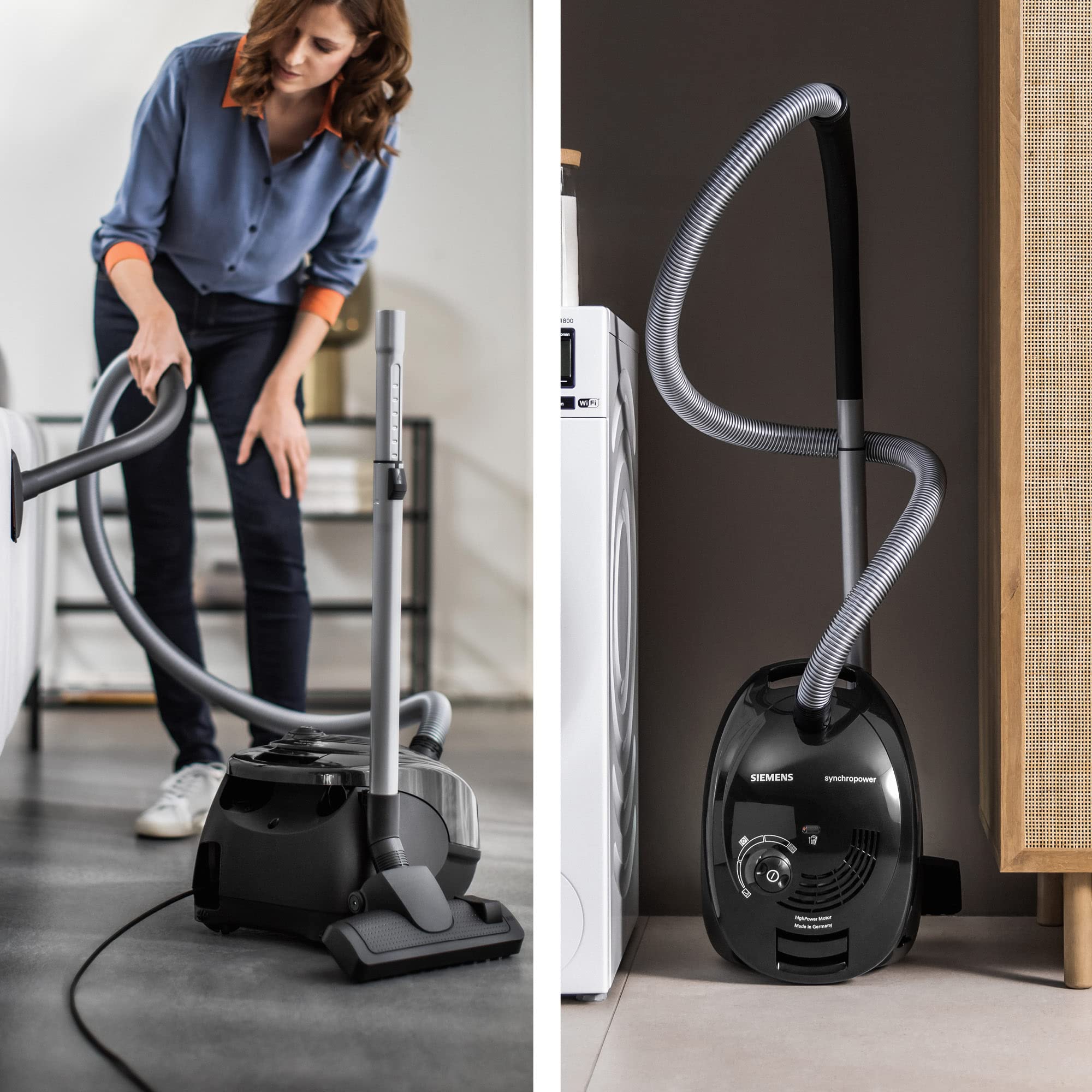 Siemens Staubsauger mit Beutel synchropower VS06B112A, Bodenstaubsauger, Hygiene-Filter, Bodendüse für Parkett, Teppich, Fliesen, starke Saugleistung, langes Kabel, Fugendüse, 700 W, schwarz