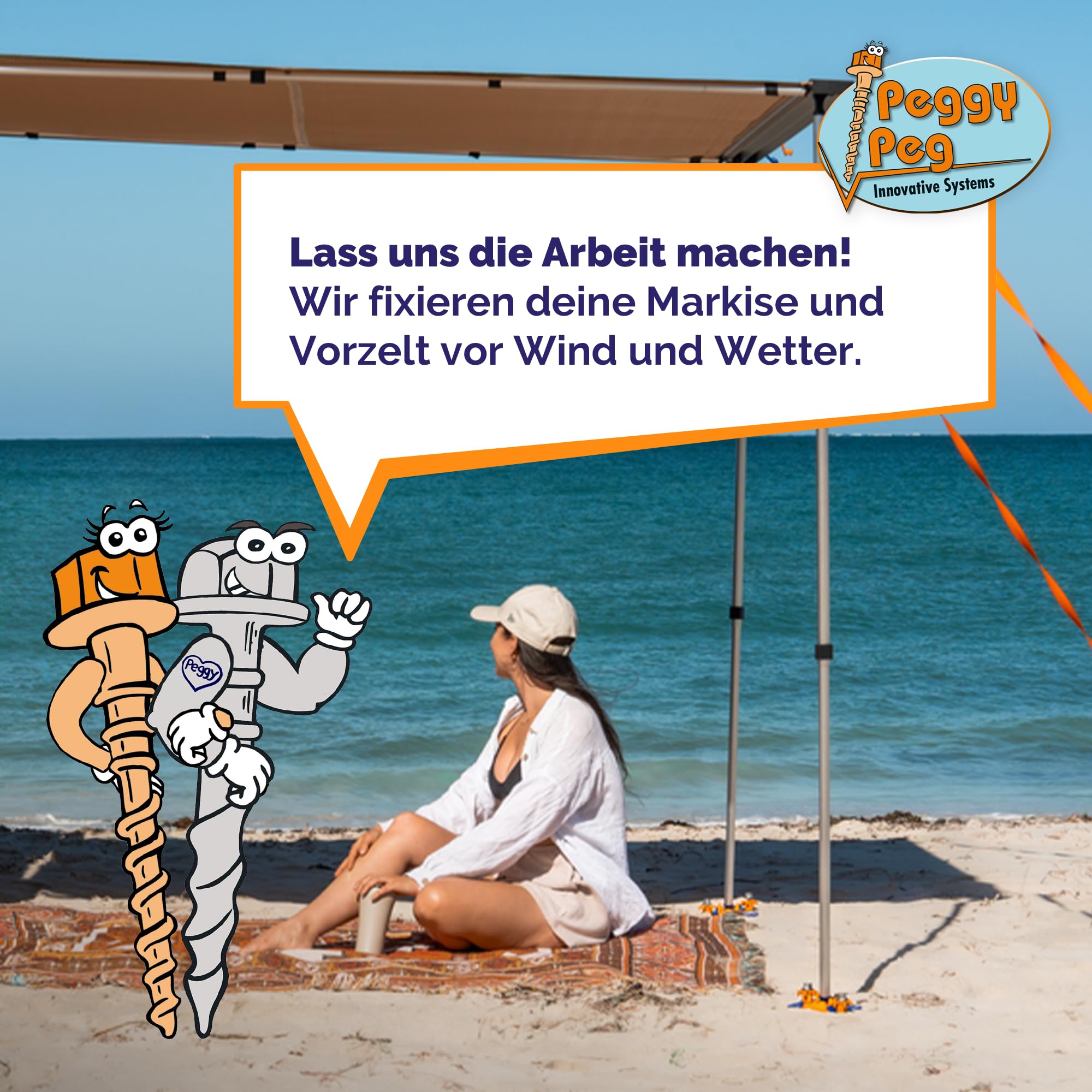 Peggy Peg – 2 Stück Schraubheringe Long aus Aluminium 31cm – Erdschrauben für Normale bis sandige Böden & Böden mit Geröll – hochbelastbare Zeltheringe für Großzelte, Leinen, Planen, Sturmverspannung