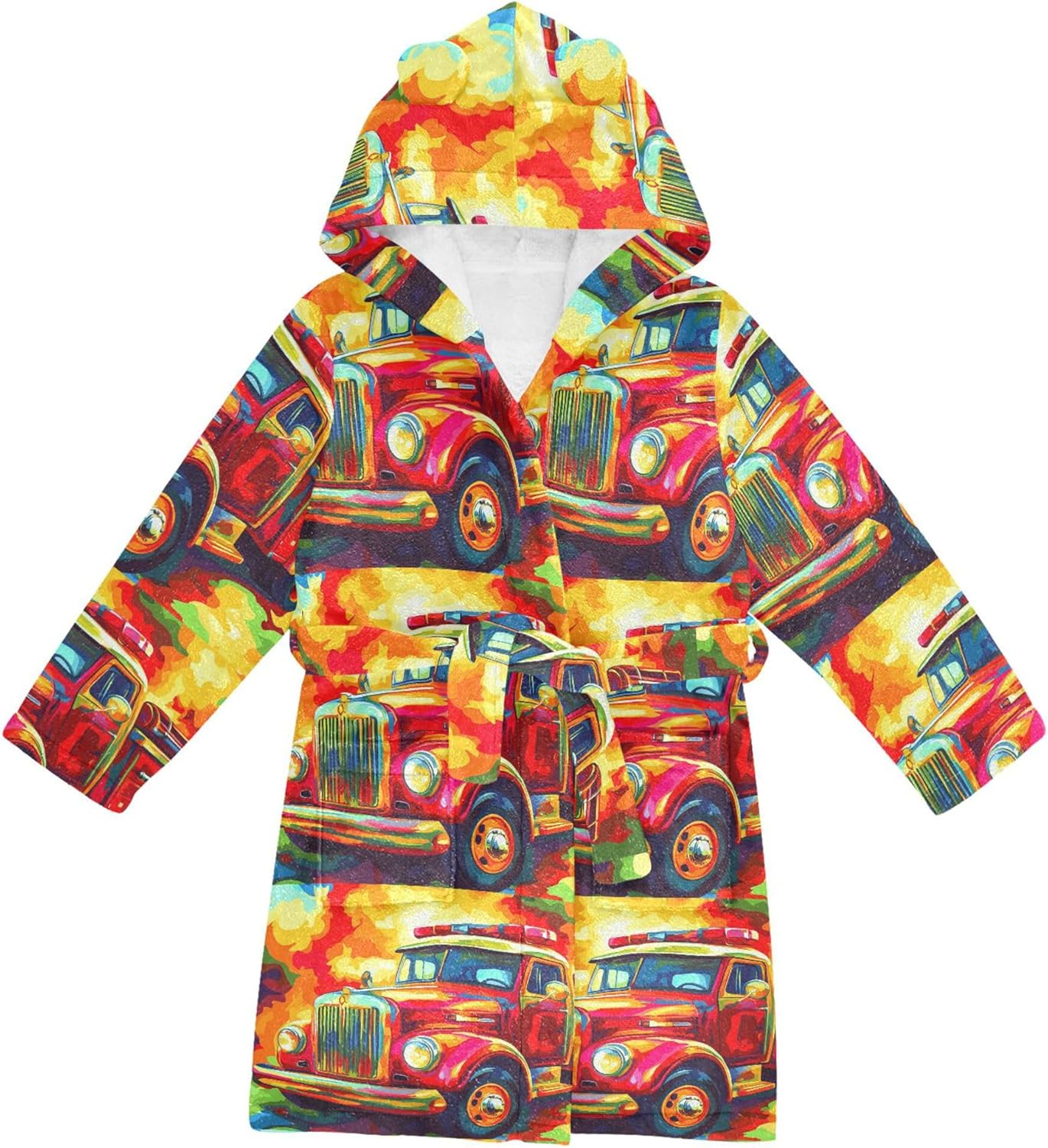 Fire Engine Truck Doodle Bathrobe Hooded PJ Robe Plush Fleece Robe Pajama Sleepwear 2-12 Years
