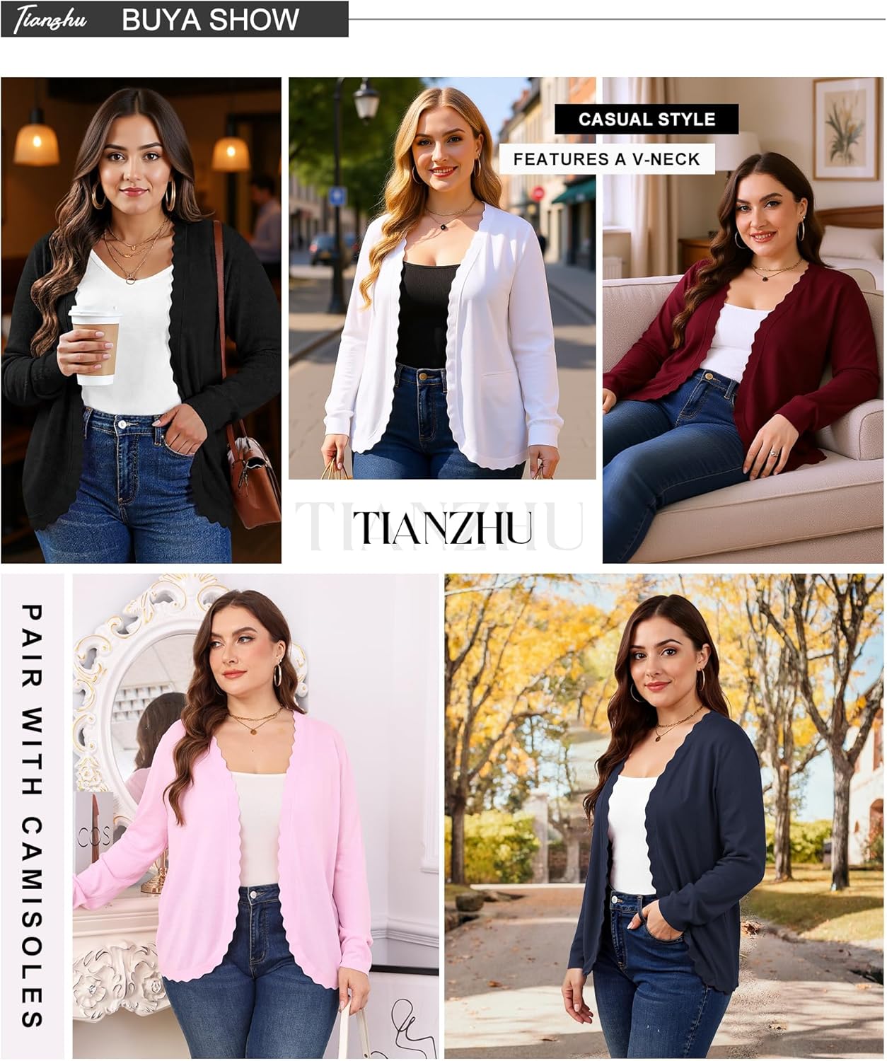 TIANZHU Women's Plus Size Cardigan Open Front Long Sleeve V-Neck Lightweight Cropped Knit Sweater XL-4XL - Image 2