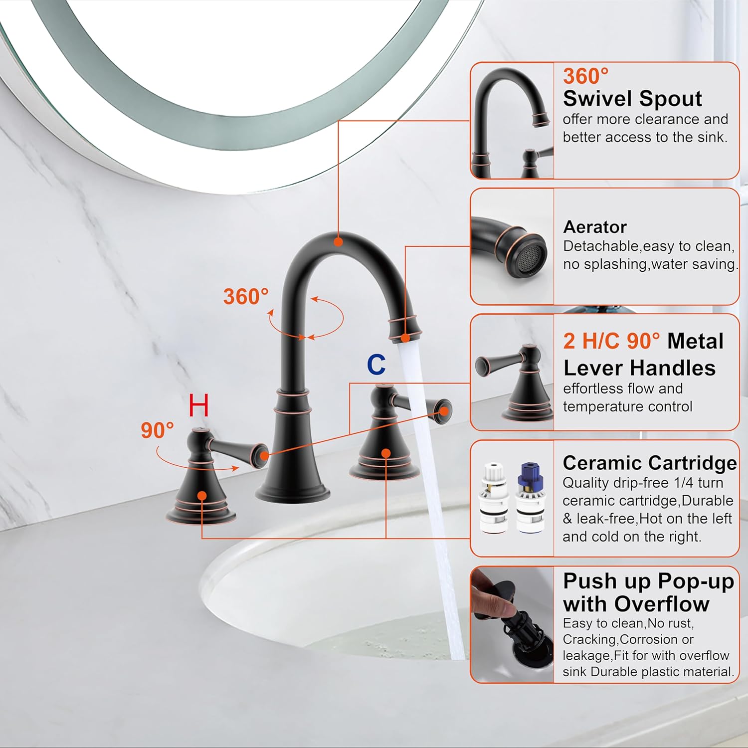 8" Widespread Lavatory Faucet Two Handle Bathroom Sink Faucets with Push up Pop-up Drain,Oil Rubbed Bronze Finish DWF-1392-ORB
