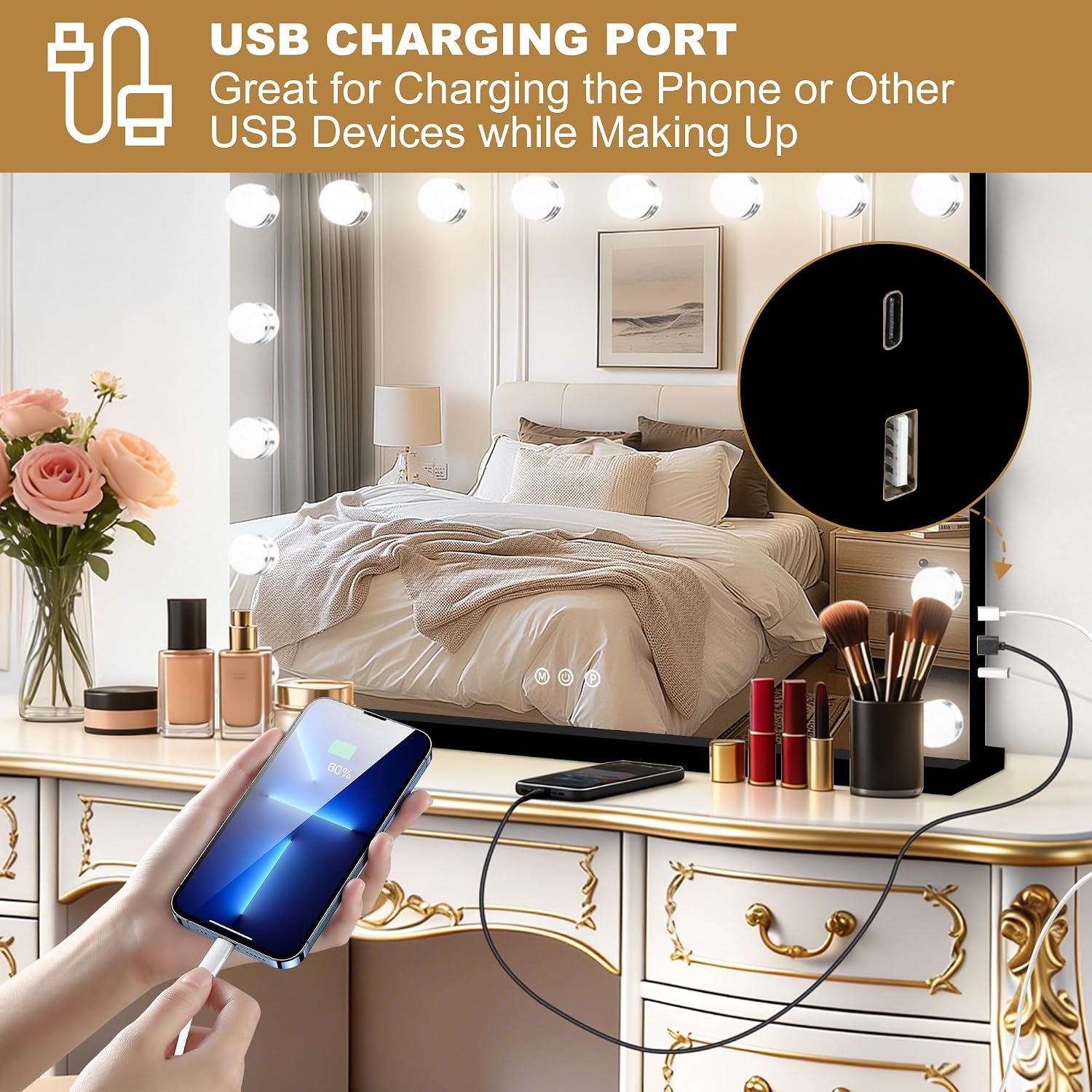 Moonee Vanity Mirror with Lights, Black Hollywood Lighted Makeup Mirror with 17 Dimmable Bulbs and 10X Magnification, 3 Colors Modes, Aluminum Metal Frame, Light Up Mirror for Tabletop/Wall（26" x 20"） image 5