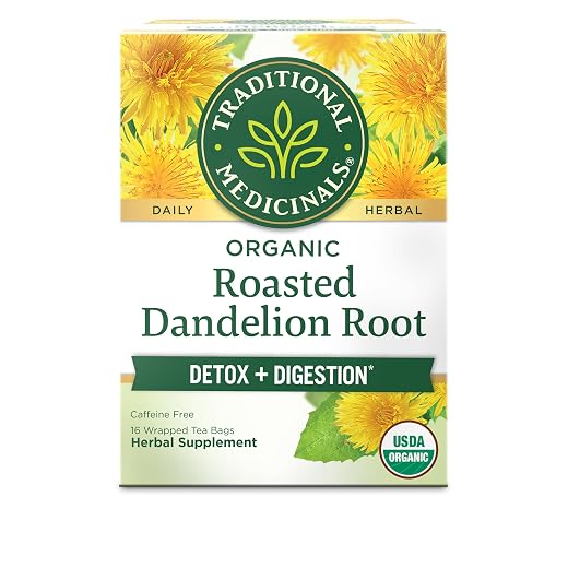 Traditional Medicinals Organic, Roasted, Dandelion Root Tea - Supports Normal Detox + Digestion - Kosher, Non-GMO, Caffeine-Free, Compostable - 16 Tea Bags