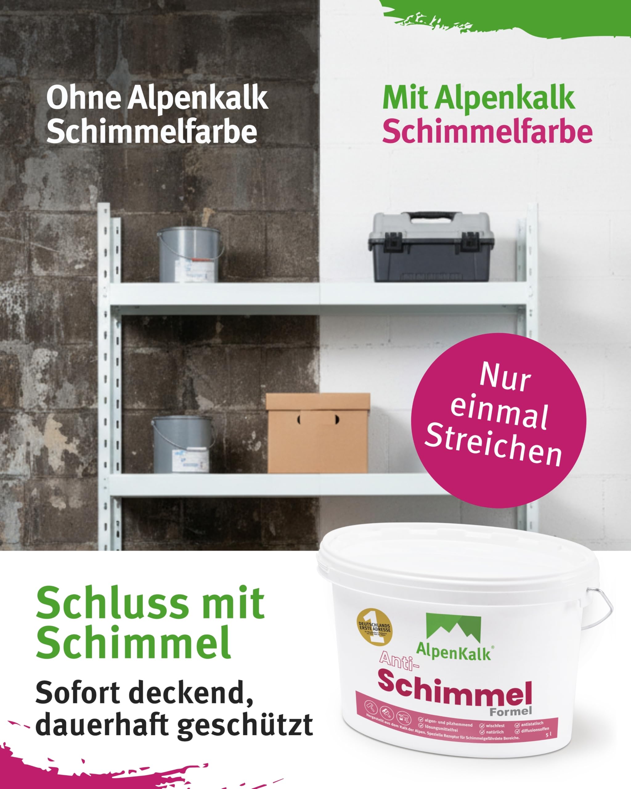 Anti-Schimmel Kalkfarbe I 5l für ca. 35m² I Atmungsaktiv & wischfest mit Langzeitschutz I Spezielle Anti-Schimmel-Formel ohne aggressive Chemikalien I Ideal für feuchte Innenräume