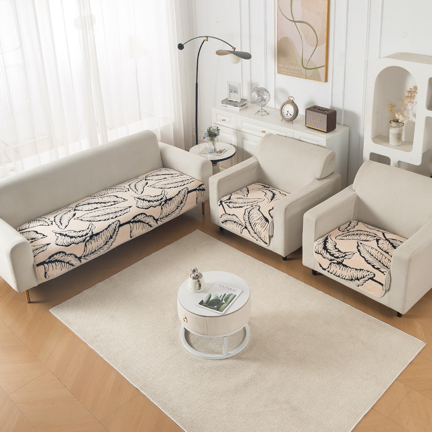HOKIPO 5 Seater Sofa Cover Set (3+1+1 Seater) | Premium Plush Sherpa Sofa Mat with Anti-Slip Backing, ‘Noirea Series’, Botanical Leaf (AR-6662+6659-D1*2)-image-24