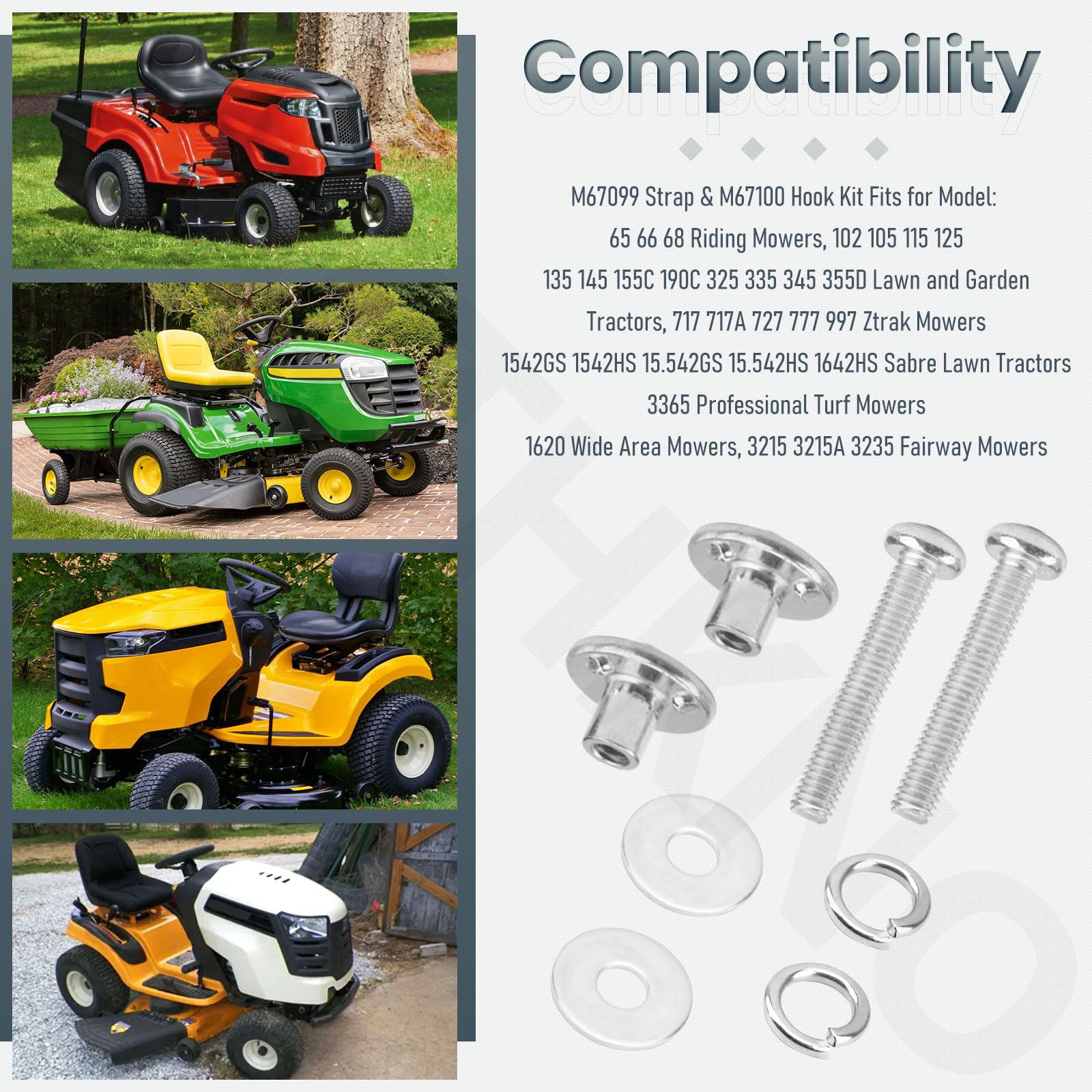 Kit de correa M67099 y gancho M67100 compatible con tractores John-Deere Lawn & Garden Tractores Bagger Chute Kit de correa de fijación para John-Deere F Z LA X LT Series, reemplaza M88150 M67099B